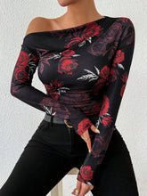 Floral Print Asymmetrical Ruffle Long Sleeve T-Shirt